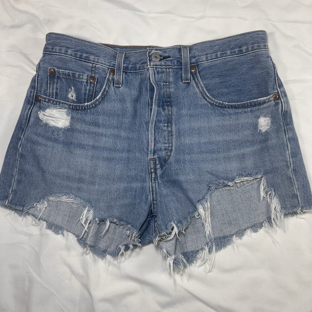Levis 501 Shorts Size 30 Blue Denim Distressed Button Fly High Rise Beach Resort